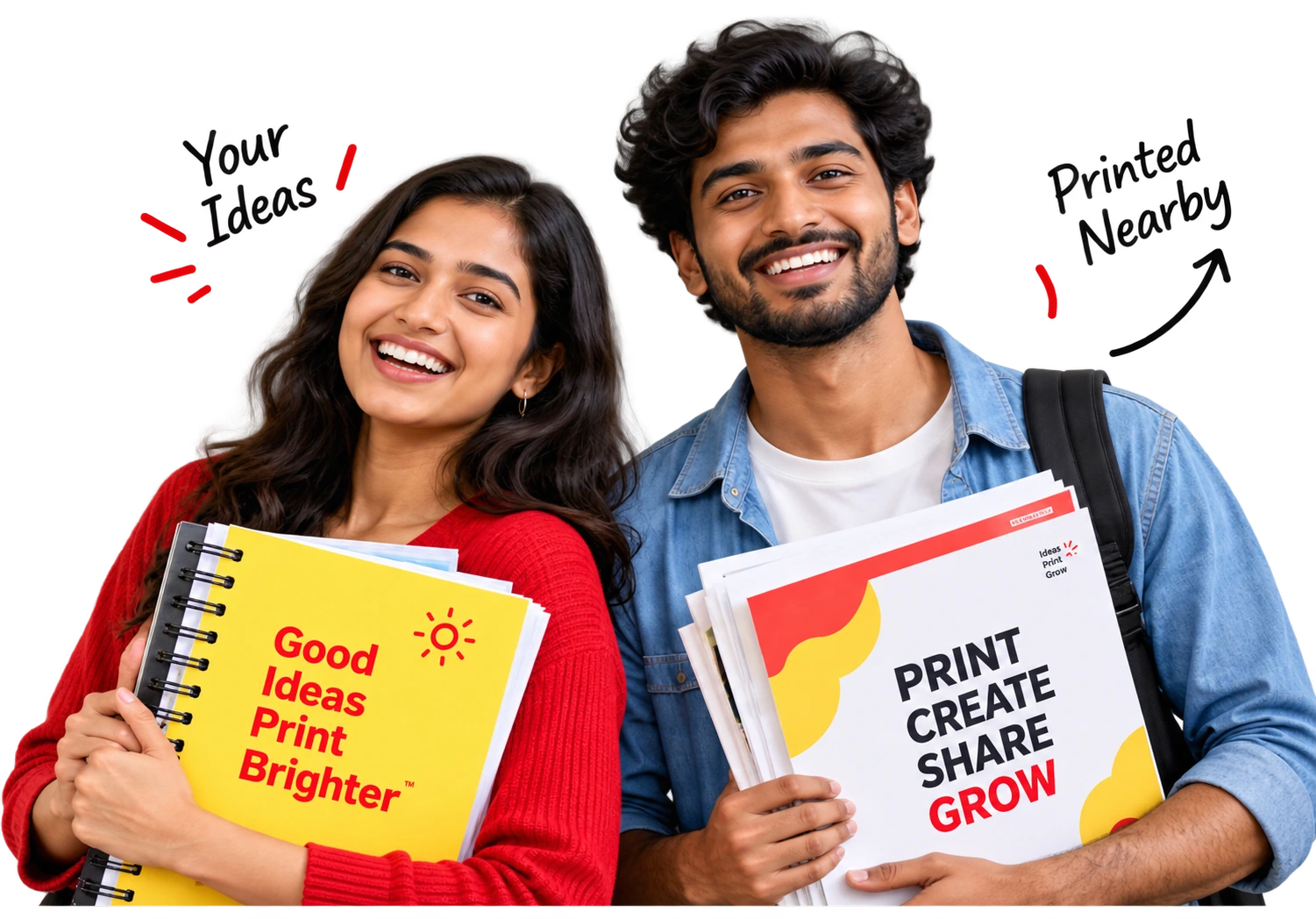 Two students holding freshly printed notebooks and documents