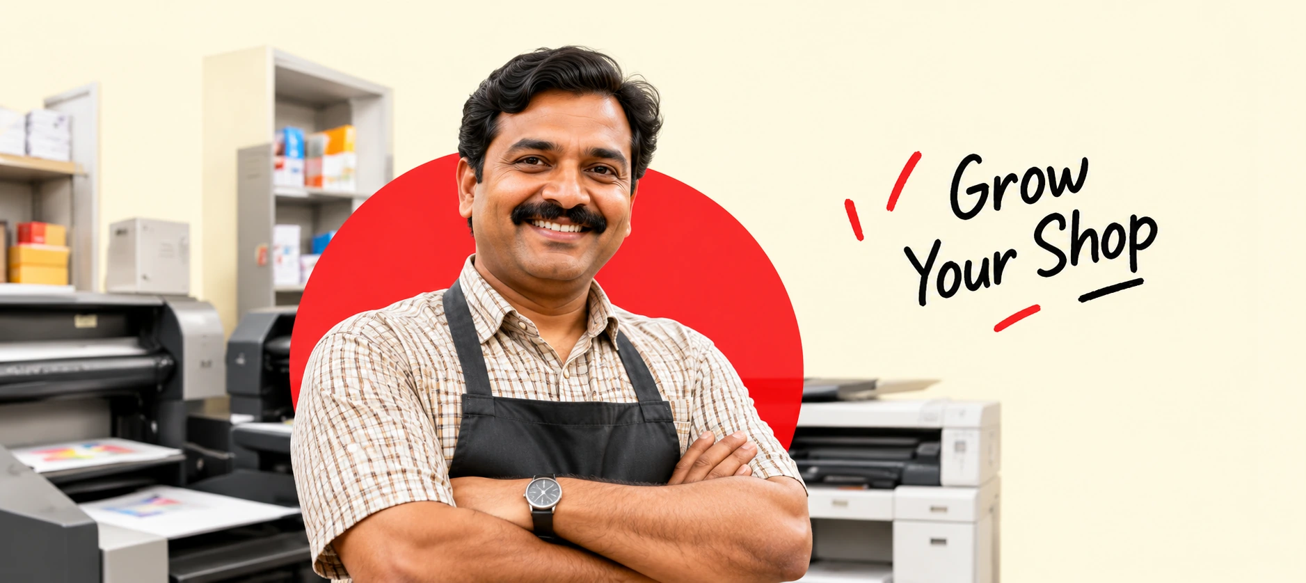 Print shop owner welcoming customers at his counter